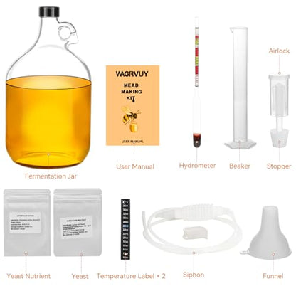 Mead Making Kit for Beginners - Complete Home Brewing Starter Set with Reusable Supplies, 1 Gallon Honey Wine Fermentation Jar with Yeast & Nutrients Airlock Stopper Hydrometer & Operation Guide - size: 1 Gallon Kit