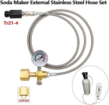 Upgraded Soda Machine Co2 Adapter Stainless Steel Hose with Larger Pressure Gauge, CGA320 Co2 Tank Direct Hose Adapter to Jet/One Touch/Fizzi/Aqua Fizz Soda Water Machine (60 inch)
