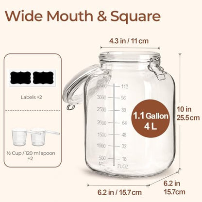 ComSaf Large Square Glass Jars with Airtight Lid 1 Gallon 2 Pack Wide Mouth | Flour sugar rice, Kombucha, Bulk pantry organization, Measurement marks, Pickling fermenting, Snacks, Sourdough pickling - size: 1.1 Gal*2-Wide Mouth
