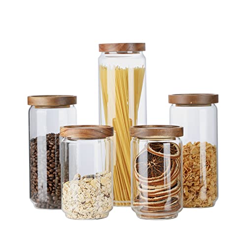 Glass Storage Jars with Wood Lid [Set of 5], Airtight Food Containers Stackable for Coffee Beans| Nuts| Pasta - color: 25oz*2+34oz*2+54oz