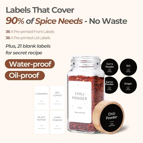 ComSaf Glass Spice Jars with with Labels 4 oz 24 Pack Bamboo Lids Bulk Set | Empty Containers, Seasoning Herb Powder, Salt Pepper Chili, Spice Rack Organization, Kitchen Cabinet Storage, Funnel Included - color: Bamboo Lids