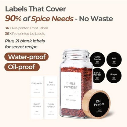 ComSaf Glass Spice Jars with with Labels 4 oz 24 Pack Bamboo Lids Bulk Set | Empty Containers, Seasoning Herb Powder, Salt Pepper Chili, Spice Rack Organization, Kitchen Cabinet Storage, Funnel Included - color: Bamboo Lids