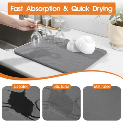 Snuggery Large Stone Drying Mat for Kitchen Counter - 24"x16" Dirt-Resistant Quick Drying Fast Absorbent Non-Slip Diatomite Mat, Natural Diatomaceous Earth Dish Drying Pad for Dish Rack(Dark Grey) - size: 24" x 16"