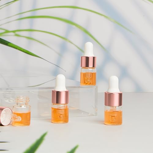 Didaey 200 Pcs 1/2/3/5/10/15 ml Mini Glass Oil Dropper Bottle Bulk, Clear Essential Small Empty Bottles Sample Containers Perfume Liquid Vials with Cap for Traveling (2 ml,Rose Gold) - color: Rose Gold, size: 2 ml