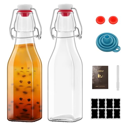 2 Pack 8oz Square Swing Top Glass Bottles, 250ML Bottles with Airtight Stoppers for Kombucha, Kefir, Vanilla Extract, Beer(Bonus Gaskets, Labels and Funnel
