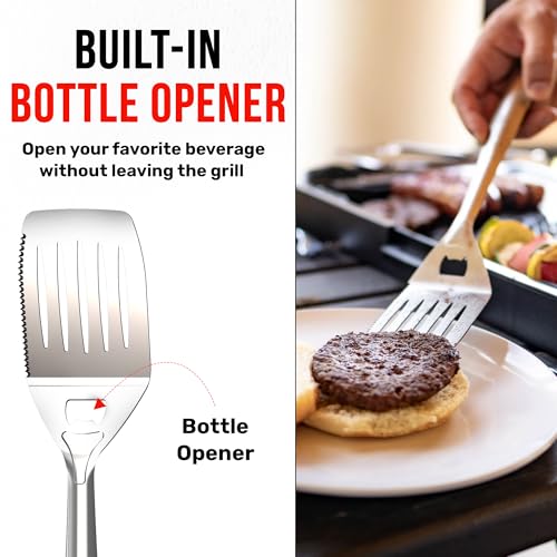 Grillbot BBQ Grill Spatula for Outdoor Grill, Heavy-Duty Multi-Function Stainless Steel Griddle with Serrated Cutting Edge & Bottle Opener, Long Handle BBQ Spatula, Dishwasher Safe - color: BBQ Spatula