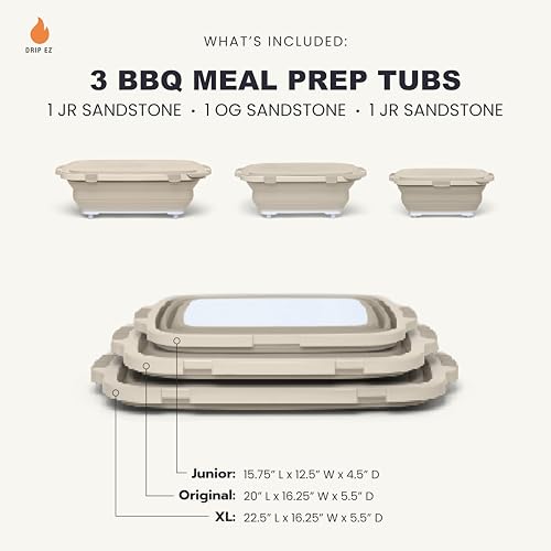 Drip EZ Collapsible BBQ Prep Tubs 3-Piece Set - For Meal Prep Marinating Food Storage - Includes Cutting Board & Lid - (1) JR + (1) OG + (1) XL - Sandstone - color: Sandstone