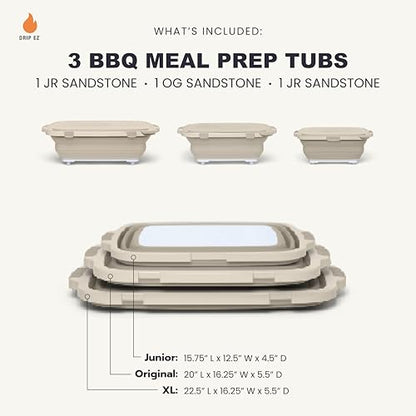 Drip EZ Collapsible BBQ Prep Tubs 3-Piece Set - For Meal Prep Marinating Food Storage - Includes Cutting Board & Lid - (1) JR + (1) OG + (1) XL - Sandstone - color: Sandstone