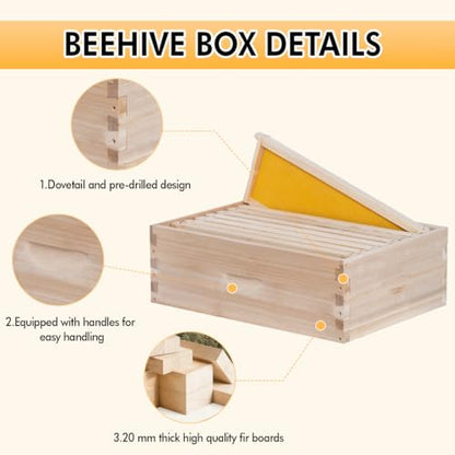 POLLIBEE 8 Frame Super Bee Hive Box, Langstoth Honey Super Bee Box for Beekeeper,Include Beehive Frames and Wax Foundations (unassembled)