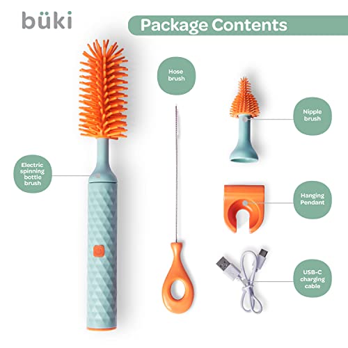 Büki Electric Baby Bottle Cleaning Brush Set - Rechargeable Electric Bottle Brush with Straw Cleaner - Water Bottle Cleaning Kit, Nipple Brush, 1200mAh Brush Cleaner (by Kindersense)