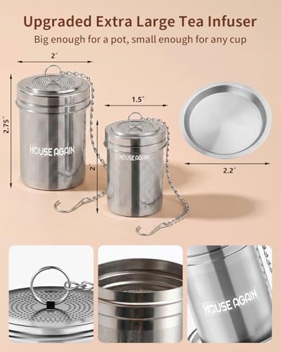 HOUSE AGAIN Tea Infuser (2 Pack, Large + Small), Extra Fine Mesh Tea Strainers for Loose Tea, 18/8 Stainless Steel Tea Strainer with Extended Chain Hook, Tea Steeper - size: Large × 1 + Small × 1