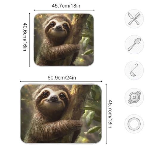 Cute Sloth on Tree Dish Drying Mat for Kitchen Counter Super Absorbent Draining Mat with Non-slip Backed Dishwashing Mat for Dish Cups Bowl Bottles Countertops Sinks Draining Racks