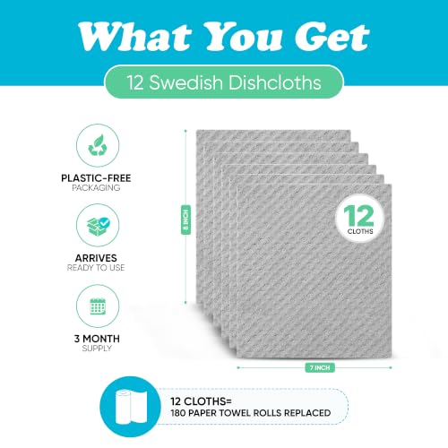 Organic Origin Swedish Dishcloths for Kitchen - Reusable Kitchen Cleaning Cloths, Absorbent Cellulose Sponge Cloths, Washable Dish Rags, Quick-Drying Dish Towels, Paper Towel Alternative (12 Pack)