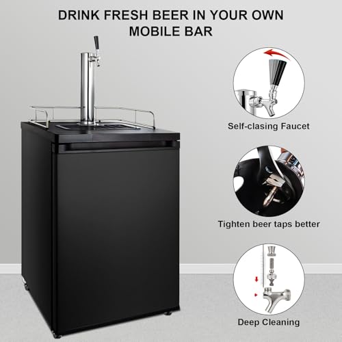 5FT PVC Beer Line & Stainless Beer Tower Faucet Beer Shank Kit, Self-Closing Beer Faucet Kegerator Tower Faucet Replacement Parts with 3/16'' ID Kegerator Line Beer Tap Cleaning Brush Cover Wrench Kit