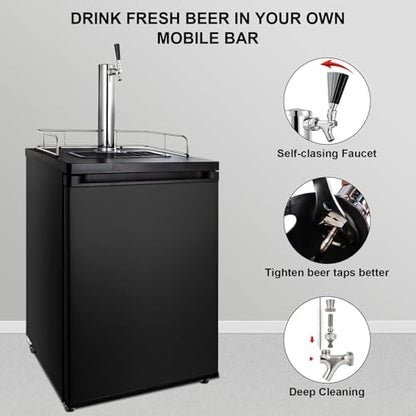 5FT PVC Beer Line & Stainless Beer Tower Faucet Beer Shank Kit, Self-Closing Beer Faucet Kegerator Tower Faucet Replacement Parts with 3/16'' ID Kegerator Line Beer Tap Cleaning Brush Cover Wrench Kit