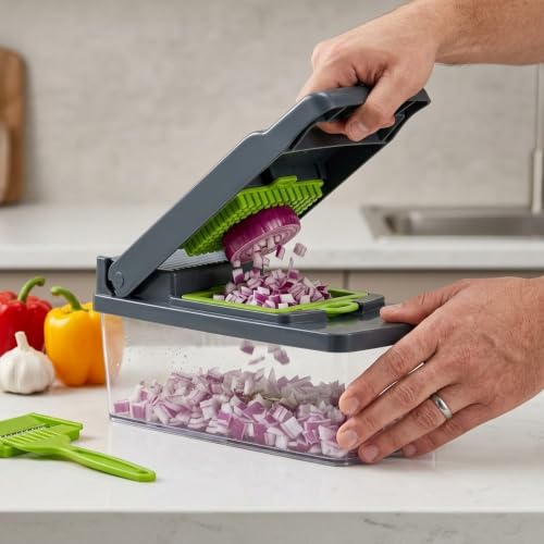 Vegetable Chopper with Container - 14-in-1 Onion Chopper, Food Chopper Dicer & Mandoline Slicer, Manual Veggie Cutter with 8 Stainless Steel Blades, Garlic Mincer, Cheese Grater, Egg Slicer & Hand Gua