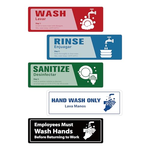 5PCS Wash Rinse Sanitize Sink Labels Stickers, Waterproof Employees Must Wash Hands Sign, Supplies for 3 Compartment Sink,Wash Station, Kitchens, Restaurant, Food Trucks,Office - color: Wash Rinse Sanitize Sink Lables 372