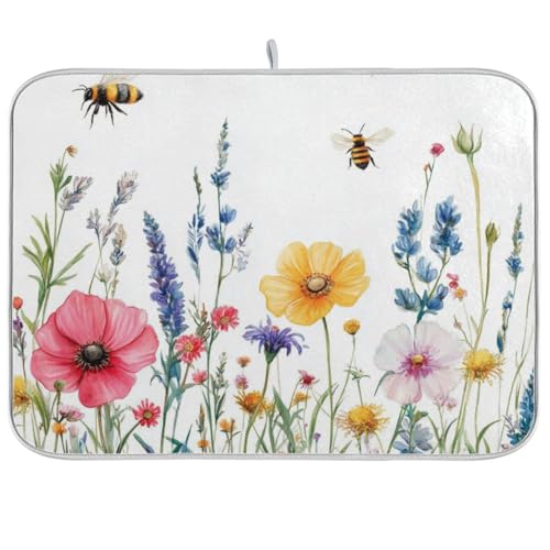 Kitchen Drying Mats for Dishes Washable Absorbent Dish Draining Mat Heat Resistant Drying Pad for Countertop 16 x 18 Bees and Blooming Flowers - color: Hydrangea, size: 16" x 18"