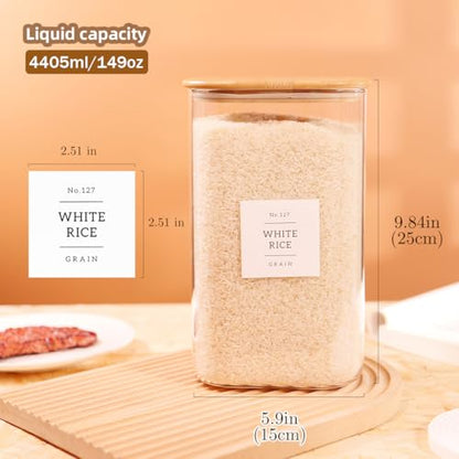 CZZGSM 2 Pack Square Glass Flour and Sugar Containers with 132 Kitchen Pantry Labels - Thicken 149 FL OZ Large Glass Storage Jars with Airtight Bamboo Lid - Big Food Canisters for Rice, Pasta, Cookie - size: 149OZ