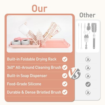 Baby Bottle Brush Set, 6-in-1 Travel Bottle Cleaner Kit with Silicone Bottle Brush, Nipple & Straw Brush, Soap Dispenser, Drying Rack, Storage Box – Compact Baby Travel Essential for Home & On-The-Go - color: Pink