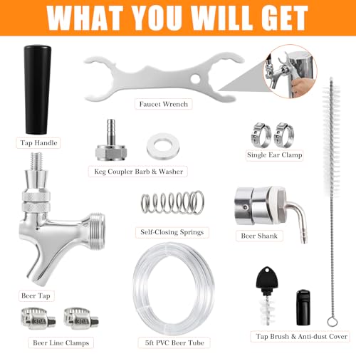Ferroday Beer Faucet Beer Line Shank Faucet Kit, Kegerator Parts Beer Tower Replacement Kit with Self-Closing Spring Beer Tap, 5 Ft 3/16" Beer Line Tubing Keg Coupler Barb Wrench Clamp Brush Cover
