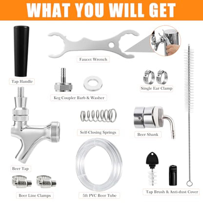 Ferroday Beer Faucet Beer Line Shank Faucet Kit, Kegerator Parts Beer Tower Replacement Kit with Self-Closing Spring Beer Tap, 5 Ft 3/16" Beer Line Tubing Keg Coupler Barb Wrench Clamp Brush Cover