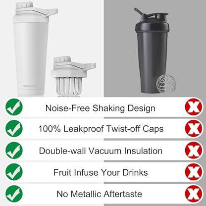 Greatyos Stainless Steel Shaker Bottle with Noise-Free Design - Patented 24 oz Insulated Metal Shakers Bottles Cup for Protein Mixes and Pre Workout 100% Leak Proof (White) - color: White