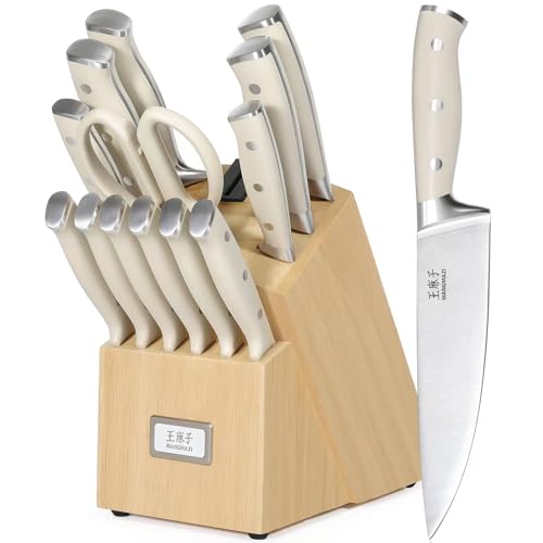 WANGMAZI Knife Set, 15 Pcs Knife Block Set with Built-in Sharpener, High Carbon Stainless Steel Kitchen Knives, Japanese Stainless Steel Knives, Home Essentials Perfect for Gifts, Natural Pro - color: 02-Natural Pro