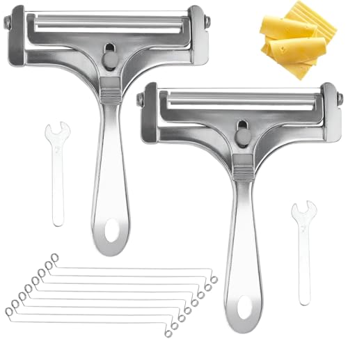 2-Pack Stainless Steel Cheese Slicer with Wire, Adjustable Thickness Handheld Cutter for Block Food, Durable Butter Tool for Charcuterie Board, Tofu and Soft Fruit, Silver