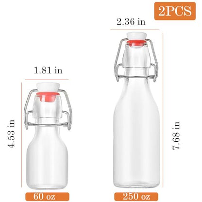 Flip Top Glass Bottle [Pack of 2] – Swing Brewing with Stopper for Beverages, Oil, Vinegar, Kombucha, Beer, Water, Soda, Kefir Airtight Lid & Leak Proof Cap Clear 2oz+8.5oz