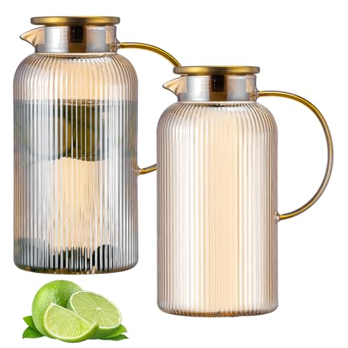 Buaic Glass Pitcher with Lid, 2 PACK 84 oz/ 2.5 Liter Amber Classic Vertical Stripes Water Pitcher,Glass Water Carafe for Cold Brew, Coffee, Lemonade, Iced Sun Tea,Beverage, Milk, Heat Resistant - color: Amber, size: 2.5L-2 PACK