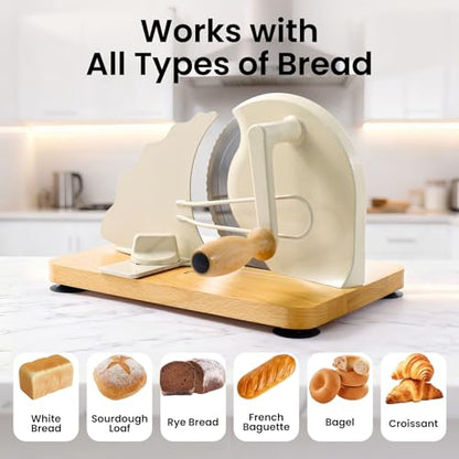 Manual Bread Slicer for Homemade Bread, Bread Cutter for Adjustable and Even Slices, Classic Hand Crank Sourdough Slicer with Scale Line & Powerful Suction Cup, Sharp Stainless Steel Blade (Cream) - color: Cream