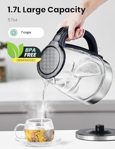 COMFEE' Glass Electric Tea Kettle & Hot Water Kettle Electric, 1.7L Electric Kettle with LED Indicator, 1500W Fast Boil, Auto Shut-Off and Boil-Dry Protection - color: glass and stainless steel, size: 1.8 Quarts