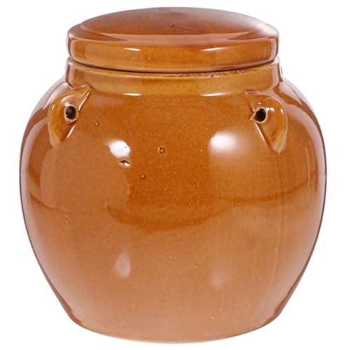 YARNOW Retro Ceramic Pickle Jar with Lid, Chinese Fermenting Jar, 4.7 x 4.9 Inch, Brown, for Home Use