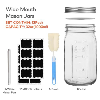 32 oz Wide Mouth Mason Jars 12 Pack, Airtight Lids with Bands | Clear glass, canning/preserving/jam/sauces/pickling, wedding favors/meal prep/DIY projects, reusable, quart size