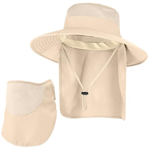 Sun Hats for Men Women Fishing Hat UPF 50+ Breathable Wide Brim Bucket Hats Summer UV Protection Safari Hat with Neck Flap - color: Beige (With Face Cover)