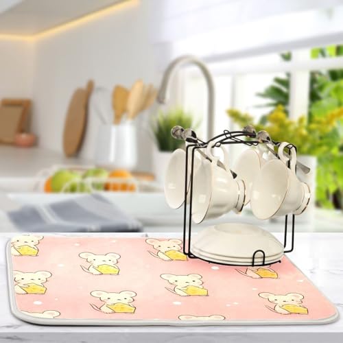 Cute Mouse Holding Cheese Dish Drying Mat for Kitchen Counter Super Absorbent Dishes Pad Reversible Microfiber Protector Dish Draining Mats 18x24 inch - size: 18 x 24 in