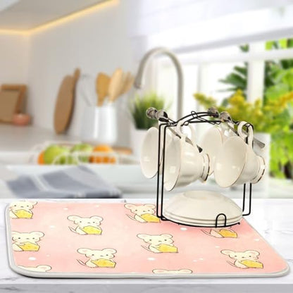 Cute Mouse Holding Cheese Dish Drying Mat for Kitchen Counter Super Absorbent Dishes Pad Reversible Microfiber Protector Dish Draining Mats 18x24 inch - size: 18 x 24 in
