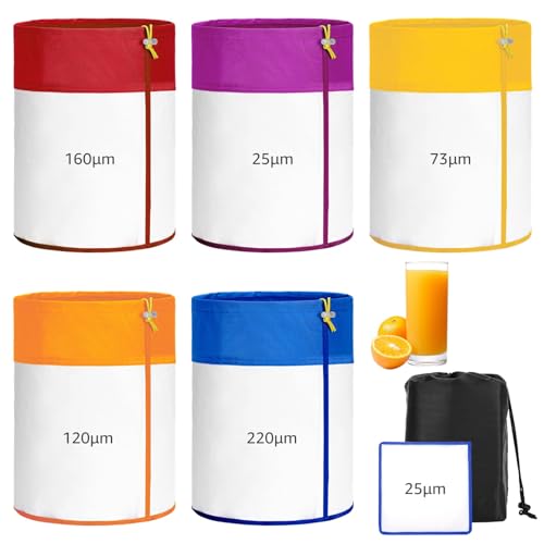 5 Gallon 5 Pcs Reusable Bags, Strainer Mesh Filter 25 to 220 Nylon Fine, with Pressing Screen & Storage DIY Drink Bucket Cold Brew, for
