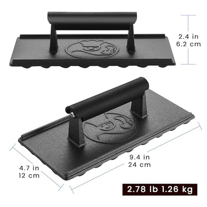 Gourmet Easy 3lbs Cast Iron BBQ Grill Press with Heat Resisitant Handle | Heat-Resistant Handle for a Secure Grip, Heavy Duty Ideal for Smash Burgers and Flat Top Grills, 5-Year Warranty - color: Grill Press Cast Iron
