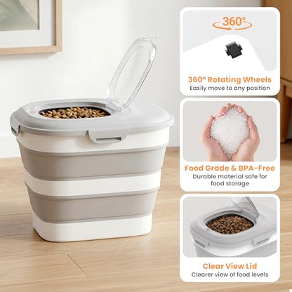 28 Lbs Dog Food Storage Container with Wheels, Collapsible Pet Food Storage Container with Clear Window, Measuring Cup & Scoop, BPA Free Cat Food Container for Rice, Flour, Grain, Bird Seed - color: Grey/28lbs