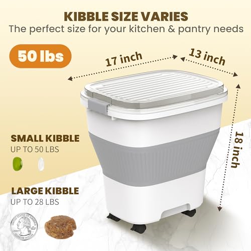 HOYTAMDAR 20-50Lbs Rice Container,Collapsible Food Storage Containers with Airtight Clear Lid,Wheels,Rice Storage Container with Small Bin and Scoop,Rice Dispenser for Flour Sugar Cereal Grain Dog Cat - color: Grey/20-50lbs