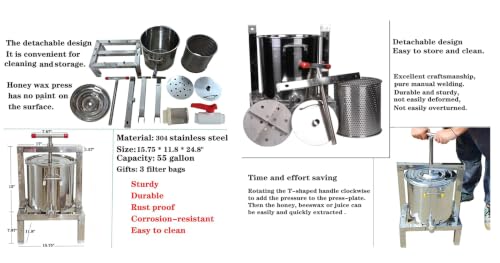 Honey Press Extractor Wax Machine Stainless Steel Honey Press Beeswax Machine Manual Large Bee Honey Presser Fruit Wine Press For Honey Wine Juice Vegetables Olive Oil Making