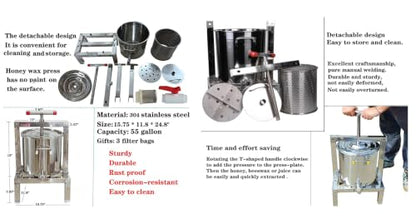 Honey Press Extractor Wax Machine Stainless Steel Honey Press Beeswax Machine Manual Large Bee Honey Presser Fruit Wine Press For Honey Wine Juice Vegetables Olive Oil Making
