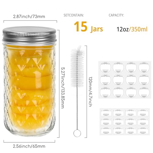 CycleMore 15 Pcs 12oz Mason Jars With One Piece Silver Metal Lids, Canning Jars Glass Regular Mouth Jar for Honey, Jam, Jelly, Wedding Favors, Kitchen Food Storage - size: 12oz - 15 Pack