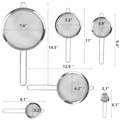 6 Pcs Mesh Strainers, Stainless Steel Strainer Set Fine Mesh Sieve for Kitchen Sifting Flour, Tea, Cooking, Juice