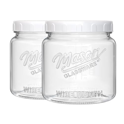 2 Pack Glass Jar with Lid, Half Gallon Mason Jar Wide Mouth for Pantry Storage, Flour, Pasta, Cookie, Candy, Fermenting, Pickle - Airtight Glass Storage Jars for Fridge w 2 Scale Marks(64 Oz)
