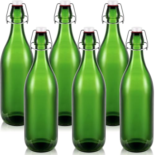 Teenyyou 6 Pcs Green Glass Bottles 1 L/ 33.75 oz Decorative Wine Bottles Flip Top Glass Water Bottle with Airtight Lid for Home Decor Garden Tree Yard Outdoor Decorations - color: Green, size: 33.75 oz