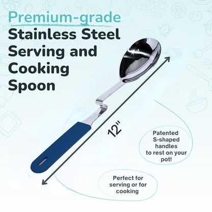 Souper Cubes + Lori Greiner No Mess Stainless Steel Cooking Spoon with Silicone Handle - Stainless Steel Serving Spoon No Mess Design Hooks on Side of Any Pot - Blueberry - color: Blueberry, size: Spoon 1-Pack