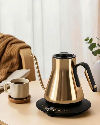 Cocinare Gooseneck Electric Kettle, ±1°F Precise Temperature Control, 1500W Fast Heating, Pour Over Coffee & Tea Kettle with Brew Timer & Keep Warm, Stainless Steel, 0.9L (Gustav Gold) - color: Gustav Gold